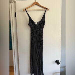 Elegant Black and White Striped cropped romper with pockets